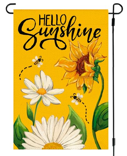 RABUSOFA Hello Sunshine Summer Garden Flag 12x18 Inch Double Sided,Daisy Sunflower Seasonal Holiday Burlap Yard Outdoor Decoration Yellow Small