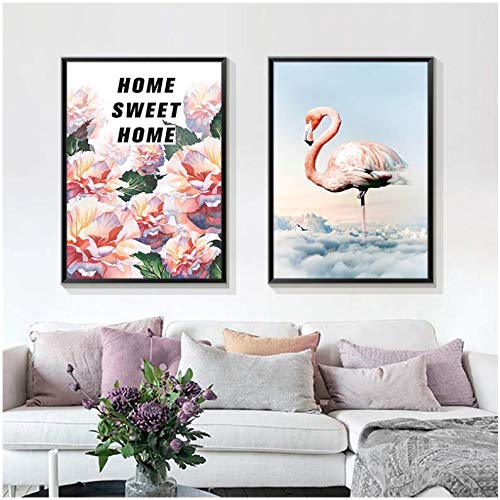 Toile flamants roses et motifs de fleurs, impression d'art moderne 50x70cm sans cadre