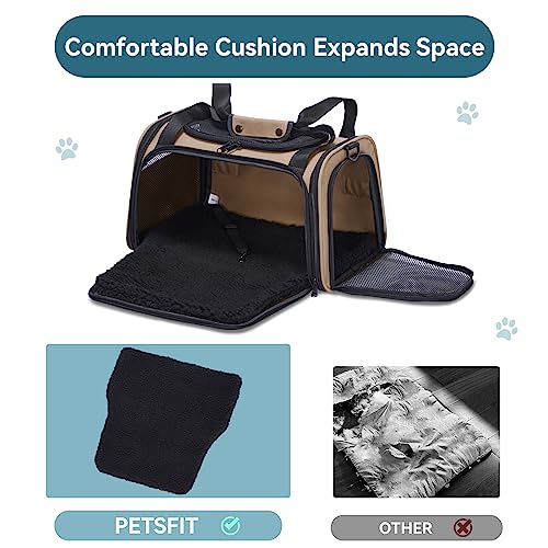 Petsfit Transportbox Katze kleine Hunde leicht Hundetasche Flugzeug für kleine Hunde Katzen Transporttasche Hundetragetasche,Tragetasche Hund Flugtasche mit Schutzgurt & erweiterbare Matte, S/Khaki