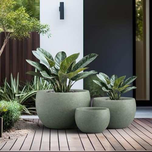 Kante 19.9",15.7",11.8" Dia Round Concrete Planter Set of 3, Outdoor/Indoor Large Bowl Plant Pots with Drainage Hole and Rubber Plug for Garden Patio Balcony Home, Mint Green by Kante - Image 4