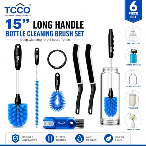 Image of 6-in-1 Bottle Cleaning Brush Set with Long Handle Stainless Steel Bottle Brush, Straw Cleaner, Lid Brush & Gap Cleaner for Water Bottles, Tumblers, Baby Bottles, Flasks & Mugs