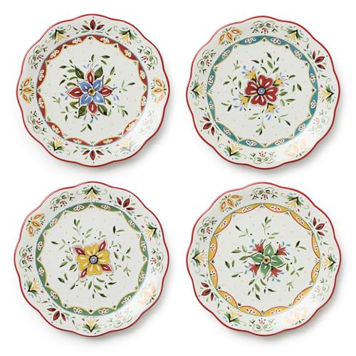 Provence 9" Salad Plates Set of 4 – Assorted French Country Designs – Durable Ceramic Plates with Printed Hand-Painted Look – Rustic Farmhouse Style for Appetizers, Desserts & More