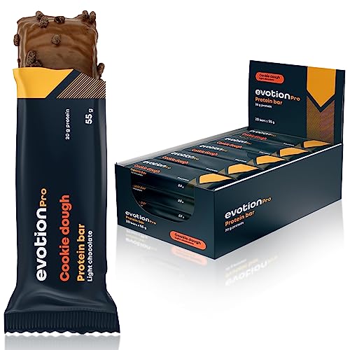 EVOTION PRO - Barritas Proteína (20 x 55g), Baja en azúcar, Baja en Calorías, 20g Proteína por Barrita, Protein Bar para Masa Muscular - Sabor Cookie Dough