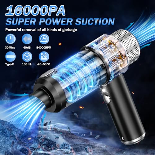 Image of KMM Handheld Car Vacuum Cleaner, 16000PA Hand Held Vacuum Portable Cordless, 2 in 1 Air Duster and Vacuum Cleaner with LED Light, Multi-Nozzles, 120W High Power Mini Vacuum for Home, Pet, Office