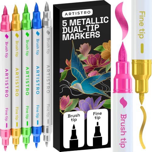 Image of ARTISTRO 5 Metallic Acrylic Paint Markers - Paint Pens for Drawing - For Fabric, Rock, Glass, Wood, Molds - Arts & Crafts Gift for Adults, Teens, Kids, Classroom Must Haves & School Supplies