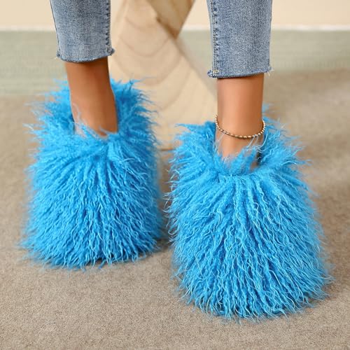 Image of Unisex Fuzzy Faux Fur Slippers, Women's Fluffy Long Hair Sheep Faux Fur Slip on Slides, Girls Luxury Big Fluffy Outdoor Flat Slippers, Long Curly Hair Non-Slip Warm Home Slide Shoes