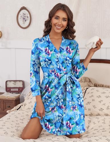 Image of HOTOUCH Women Lightweight Robes Knee Length Summer Sleepwear Lounge Robe Blue Floral S