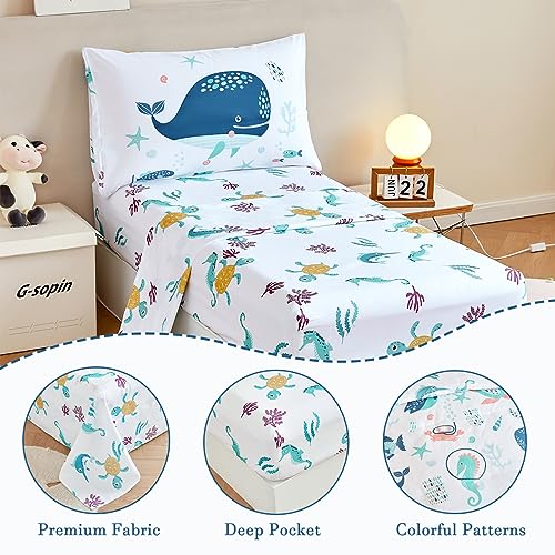 Image of PERFEMET 4 Pcs Toddler Bedding Set Ocean Themed Toddler Comforter for Girl Soft Reversible Under Sea Animals White Toddler Bed in A Bag for Boys Girls(White, Whales)