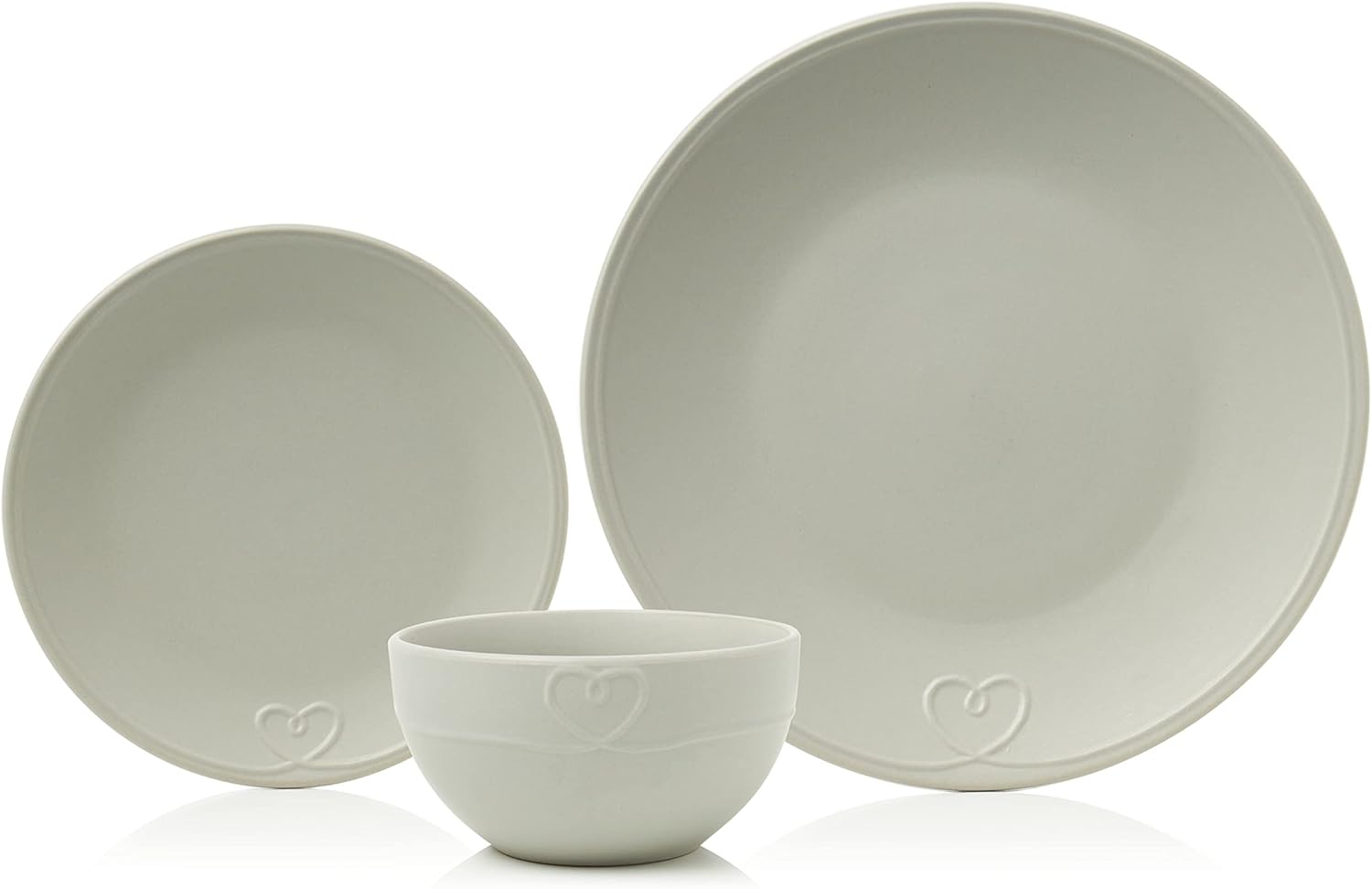 Sabichi Grey Hearts Embossed 12pc Dinner Set Matte Glazed Stoneware