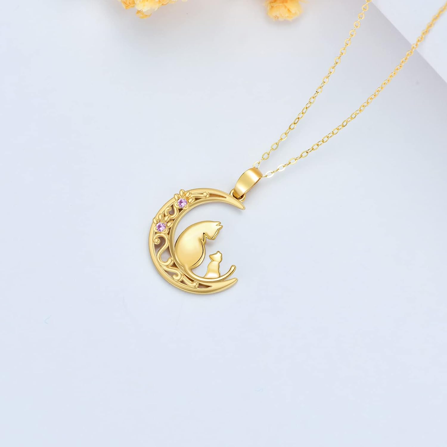 14K Gold Cat Necklace for Women Real Gold Moon Pendant Necklace Mother Daughter Necklace Mothers Day/Christmas/Birthday Gift for Wife Girlfriend Her 16''+1''+1''