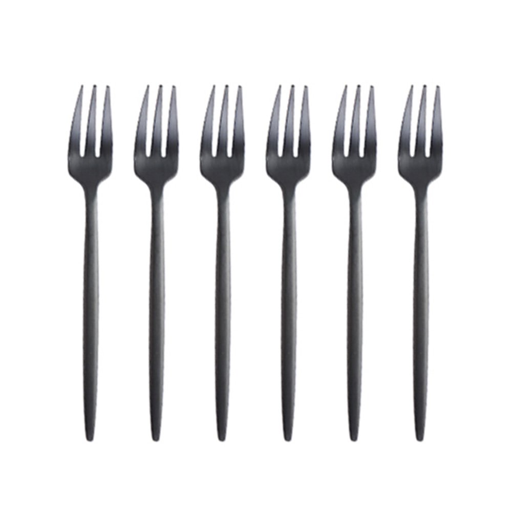 BRIIEC Black Gold 18/10 Stainles Steel Cake Forks Set 3 Tines Fruit Salad Fork, Slim Cutlery for Kitchen Hotel Restaurant Wedding Party, Matte Finish, Dishwasher Safe, Pack of 6