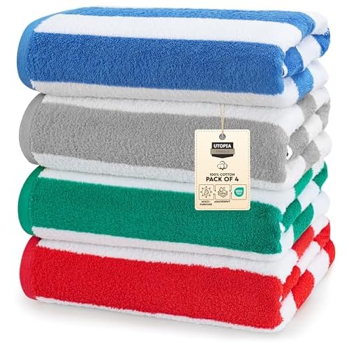 Utopia Towels Cabana Stripe Beach Towels (76 x 152 cm) – 100% Ring Spun Cotton Large Pool Towels, Soft and Quick Dry Swim Towels (Pack of 4) (Blue, Grey, Red & Green)
