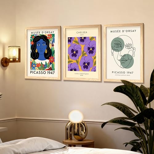 Image of NoWorries Modern Abstract Wall Art Frame | London Chelsea Floral Print & Picasso' Inspired Wall Art Paintings 300 GSM Premium Prints | Stylish Home Decor for Living Room, Office & Bedroom | Synthetic Wooden Wall Art Frames (Set of-3) (NATURAL, ART-3, 13X19INCHES)
