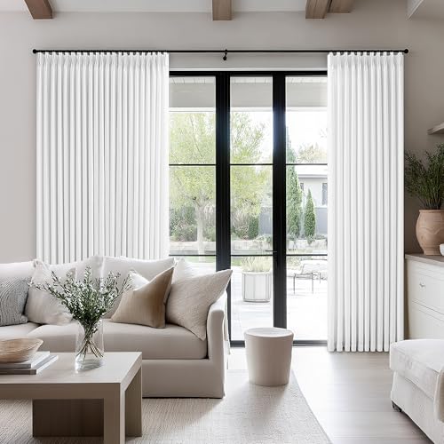 Image of 100 Inch Wide Curtains 96 Inch Long Pinch Pleat Linen for Living Room White | Bedroom, Boho, Farmhouse, Light Filtering, Semi Sheer, Privacy, Pleated, Hooks Rings, for Sliding Door, 1 Panel, 100 x 96