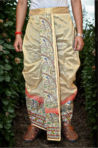 Image of Men's Ready to Wear Pant System Printed MAYUR PUCHHA Dhoti for Marriage, Pooja, Festival etc.(GC010)