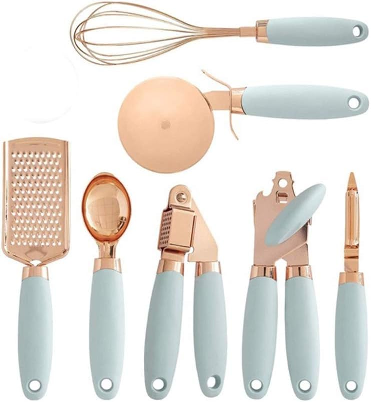 7-Piece Kitchen Gadgets Set Copper Coated Stainless Steel Utensils with Soft Touch Handles, Garlic Press Whisk Cheese Grater(E)