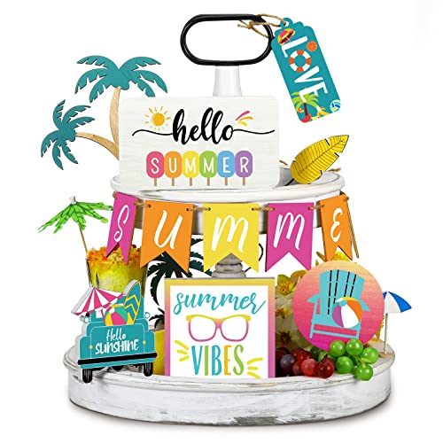 Yalikop 11 Pieces Summer Tiered Tray Decor Sets Hawaii Wooden Decor Sign Palm Trees Rustic Farmhouse Beach Sunshine Decorative Trays for Table Home Holiday Shelf Kitchen Office