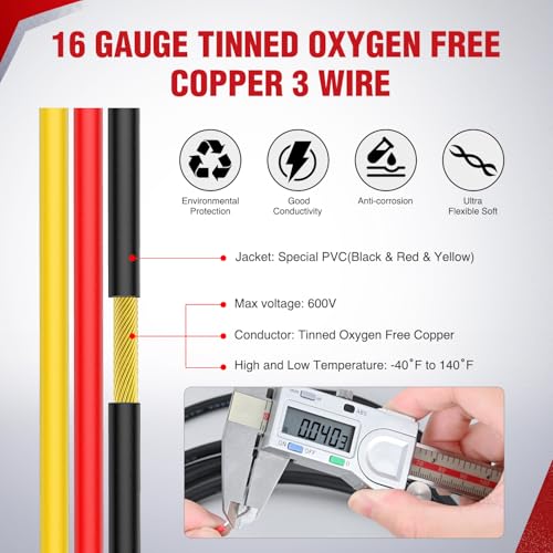 Image of Nilight 50FT 16AWG 3 Conductor Wire Tinned Copper Red Black Yellow | 3 Electrical Wire Tinned Oxygen Free Copper Parallel 600V DC Flexible PVC Case Extension Cords for LED Strip Lamp Lighting