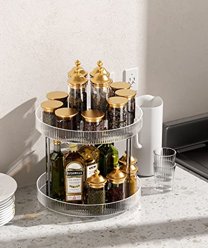360° Clear Rotating Storage Tray, 2 Tier Lazy Susan Bathroom Countertop Organizer, Cosmetics And Perfume Organizer, Spinning Storage Tray Vanity Organizer Shelf For Bathroom Cabinet, Kitchen(Large) #TOP2
