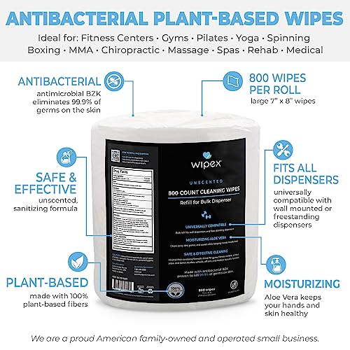 Wipex Gym & Fitness Wipes, 800 ct with BZK Antiseptic Refill Roll for Dispensers 2 Packs (1600 Wipes)