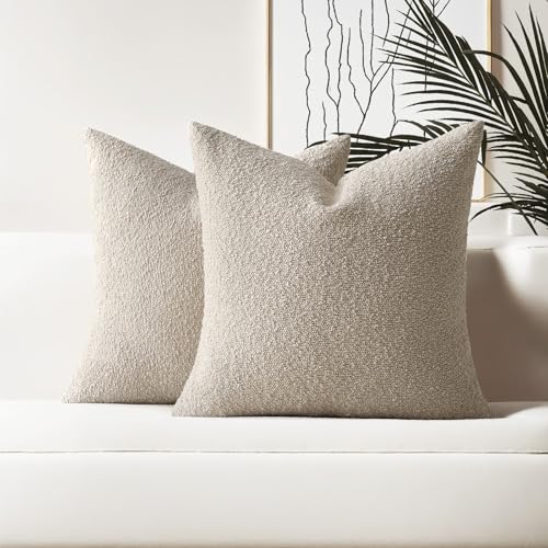 HAUSSY Pack of 2 Pillow Covers 18x18 Inch Boucle Decorative Throw Pillows Soft Boho Neutral Cushion Covers Home Decor Modern Pillow Cases for Couch Living Room Sofa Bed Oatmeal (Covers Only)