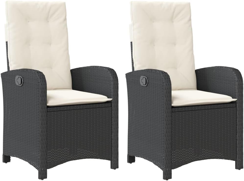vidaXL - 2pcs Reclining Patio Chairs with Cushions Black - Poly Rattan, Adjustable Backrest - Outdoor, Garden, Patio Furniture