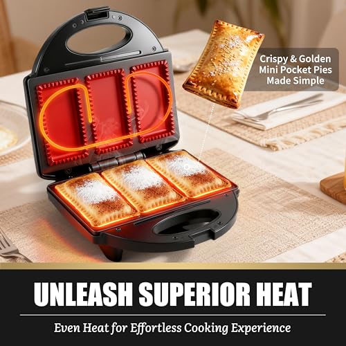 Image of FineMade Electric Mini Pocket Pie Maker Machine with Crust Cutter, Pocket Pie Iron Press with Non Stick Surface, Ideal for Hot Chicken Pockets Pizza Pockets Grilled Cheese Sandwiches and More