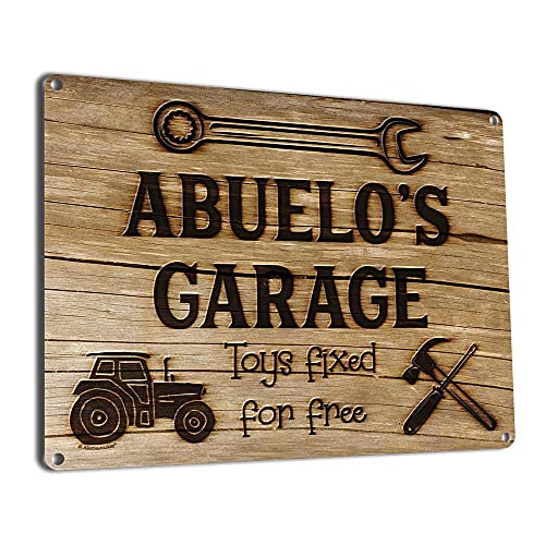 Abuelo's Garage Toys Fixed for Free, 11.5 x 15.5 Inch Aluminum Sign, Vintage Workshop and Garage Signs Wall Decor, Gifts for Papa, Papu, Pop, Woodworking, Woodturning, Cabinet Maker, Mechanic