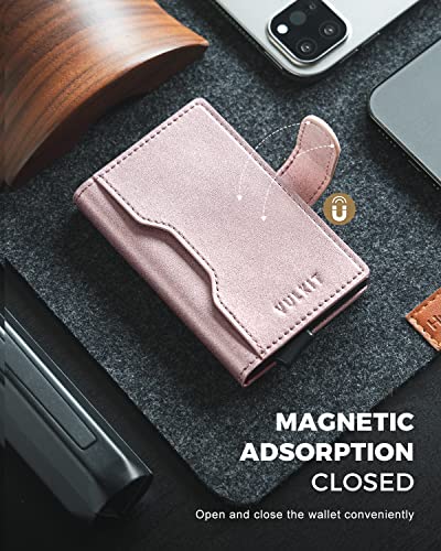 Image of VULKIT Slim Bifold Pop up Wallet Minimalist Leather Card Holder RFID Blocking Metal Card Case with ID Window for Women | with Leather Slots