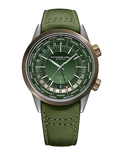RAYMOND WEIL Freelancer GMT Worldtimer Men's Watch, 24 Cities and Time Zones, Green Dial, Indexes, Green Leather Watch, 41mm (Model: 2765-SBC-52001)