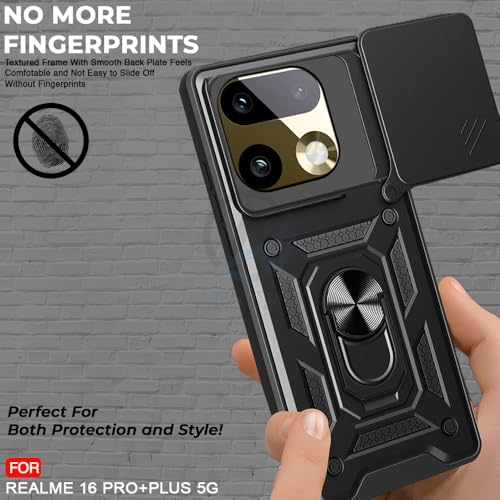 Image of AESTMO Tough Armor Realme 16 Pro Plus 5G Bumper Back Case Cover | Ring Holder & Sliding Camera Shield Cover | 360 Degree Protection Back Case Cover for Realme 16 Pro Plus 5G (Black)