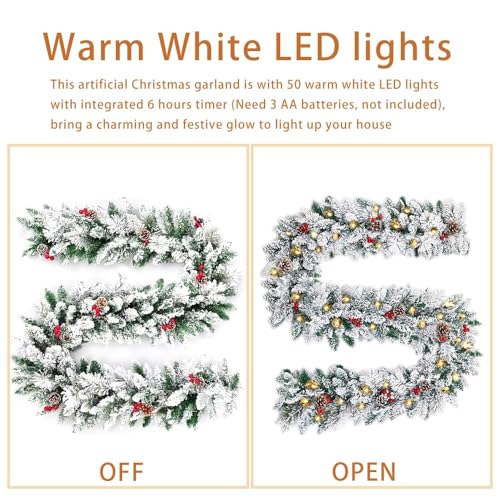 Lehood 9Ft Cedar Christmas Garland with Lights, Halloween Xmas Holiday Decoration Snow Flocked Artificial Garland with Pinecones Berries, Christmas Garland for Stairs Fireplaces Wall Door by Lehood - Image 7