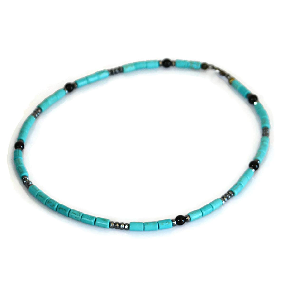 Handmade Surfer Gemstone Native American Inspired Mens Necklace Short Choker Necklace for Men with Howlite Hematite and Black Onyx