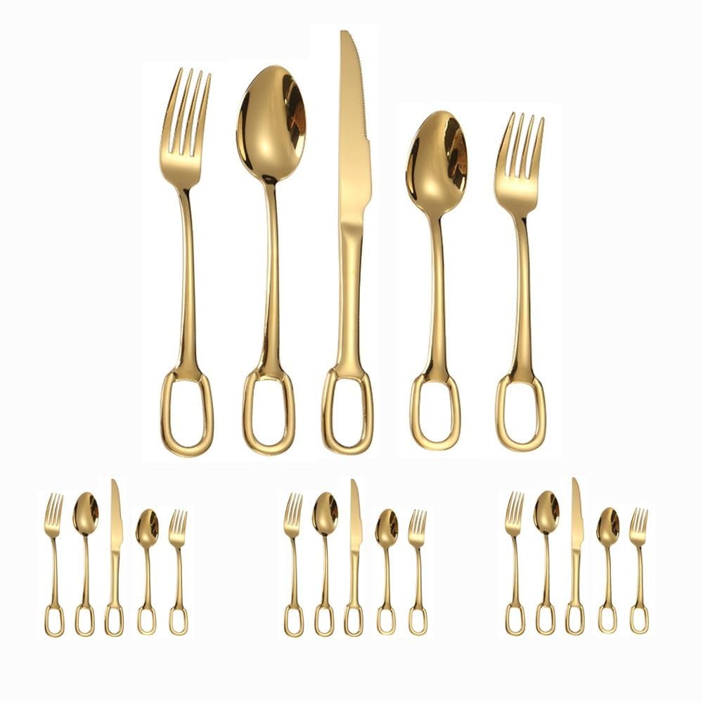 Cucina Circolare Foro Appeso Maniglia in Acciaio Inox Posate Da Tavola Posate Set Di Posate Coltello Da Bistecca Forchetta Cucchiaio Cucchiaino (Oro,20 pezzi)