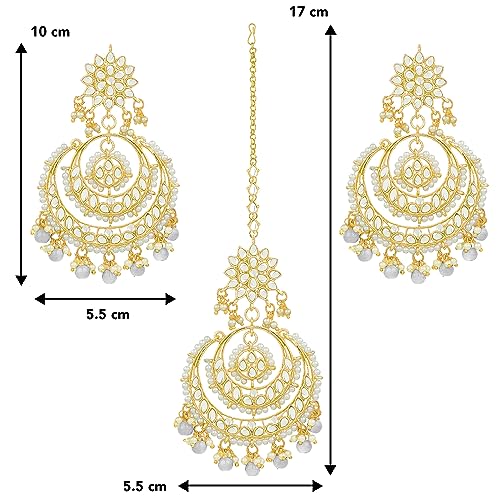 Image of Peora Traditional Jewellery Rhodium Kundan & Pearl Maang Tikka Earring Set for Women Girls