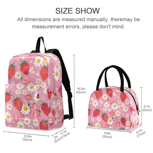 Childrens Backpacks, Red Strawberries White Daisies Waterproof Cooler Bags Insulated, Middle School Backpacks for Boys and Girls2