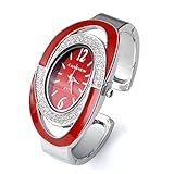JSDDE Uhren Elegant Damen Spangenuhr Strassstein Oval Nebelfleck Zifferblatt Armbanduhr Analoge Quarzuhr Armreif Uhr Kleideruhr für Frauen Damen Rot
