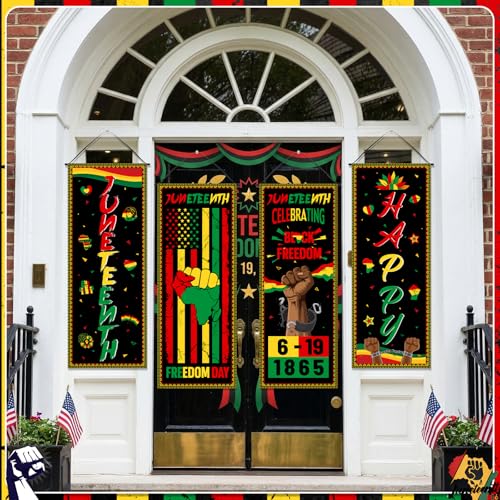 Image of Panelee 4 Pcs Happy Juneteenth Porch Sign Banners Juneteenth Decorations African American Independence Day Freedom Day Banner Backdrop for Classroom School Doorway Indoor Outdoor Wall Hanging Decor