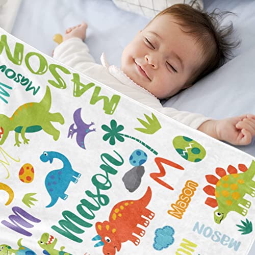 Image of Personalized Dinosaur Blanket with Name for Boy Custom Name Blanket for Kid