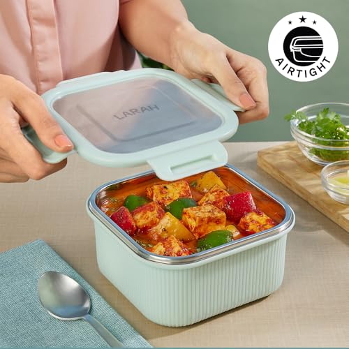 Image of Larah by BOROSIL Freshbyte Food Storage Container with Airtight Stainless Steel Lid | Fridge Container for Lunchbox | Food Grade | Microwave Safe (Green, 800 ml, Square)