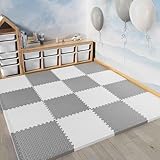 Rutschfeste Schaumstoff-Bodenfliesen, 1 cm dicke Schaumstoffmatten, stoßdämpfende Matte mit Kanten, langlebige ineinandergreifende Fliesen für das Spielzimmer(Grey/White)