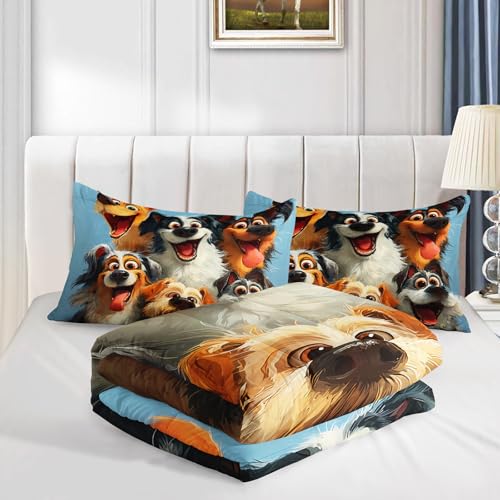 Image of AILONEN Cartoon Dogs Puppy Theme Comforter Set Queen Size,Blue Happy Animal Bedding Sets for Boys Girls,Pet Animal Duvet Set,Soft Microfiber,3 Pieces,1 Quilt and 2 Pillowcases