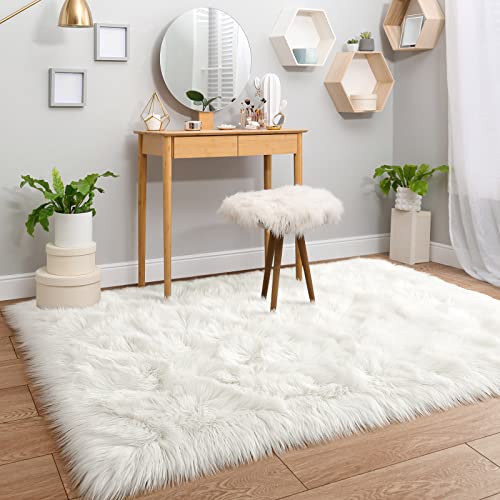 Yj.gwl Luxury Faux Sheepskin Fur Area Rug Soft Fluffy Rugs, Shag Plush Carpet Faux Fur Rug For Bedroom Floor Sofa Living Room, 3 X 5 Feet Rectangle White #TOP3