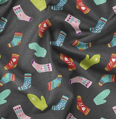 Image of Soimoi Gray Rayon Fabric Socks & Gloves Folk Art Print Sewing Fabric Meter 42 Inch Wide