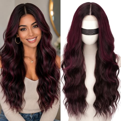 Nnzes Wigs for Women 26 Inch Wine Brown 4x1 Lace Part Long Wavy Wig