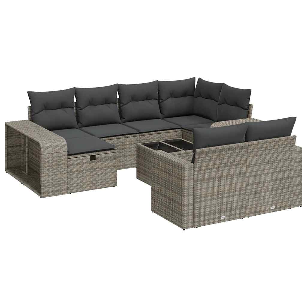 Juego de sofá modular de ratán sintético para jardín con espacio de almacenamiento y fundas de almohada extraíbles, 11 piezas, color gris