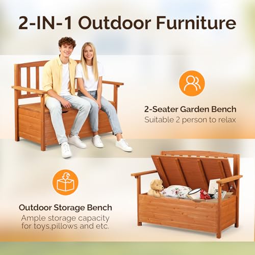 Image of VINGLI Outdoor Storage Bench, Large Wood Deck Box with Seating, Weatherproof Outdoor Bench with Storage Loveseat, 2-Person Wooden Patio Bench for Entryway, Backyard, Garden