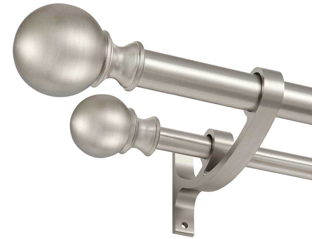 Brushed Nickel Double Curtain Rods - Adjustable 144-164 Inch Rods with Round Finials