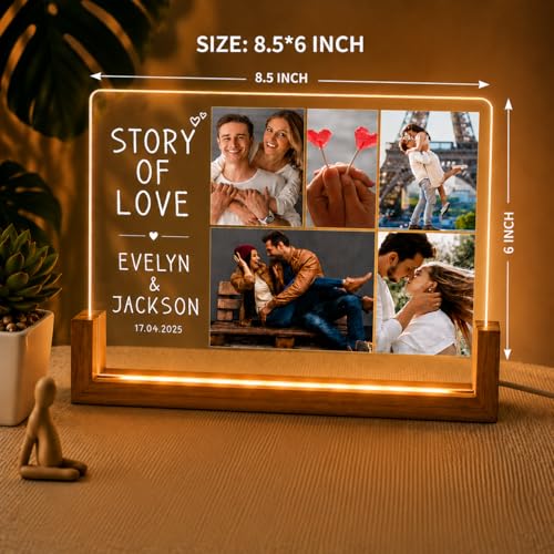 Image of Custom Photo Collage LED Lamp, Personalised Acrylic Night Light, Warm White, Modern Style, Anniversary and Birthday Gift for Couples and Friends (Design 2)