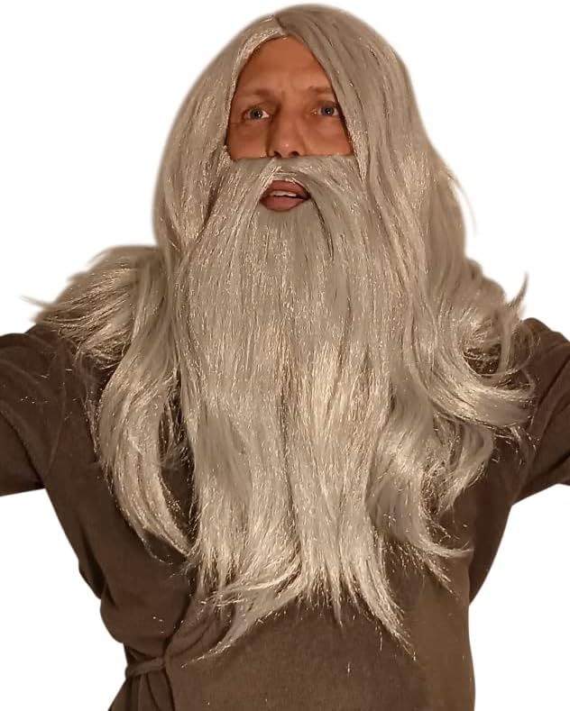 HandinHandCreations Adult Wizard Wig and Long Beard with Wizard Merlin Sorcerer Costume Hat - All Included - Image 2